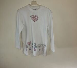 Teddi White Long Sleeve Tee with Floral Accents Top(M)
